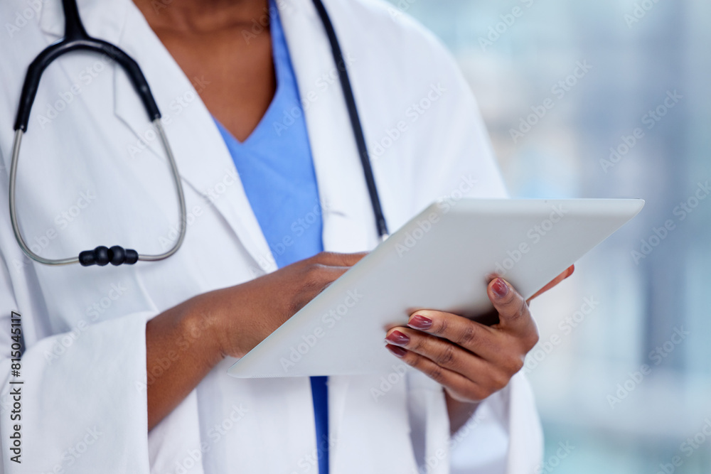 Tablet, hands and closeup of female doctor in hospital for medical research or surgery appointment. Online consultation, digital technology and healthcare worker, telehealth and clinic in London Tablet, hands and closeup of female doctor in hospital for medical research or surgery appointment. Online consultation, digital technology and healthcare worker, telehealth and clinic in London