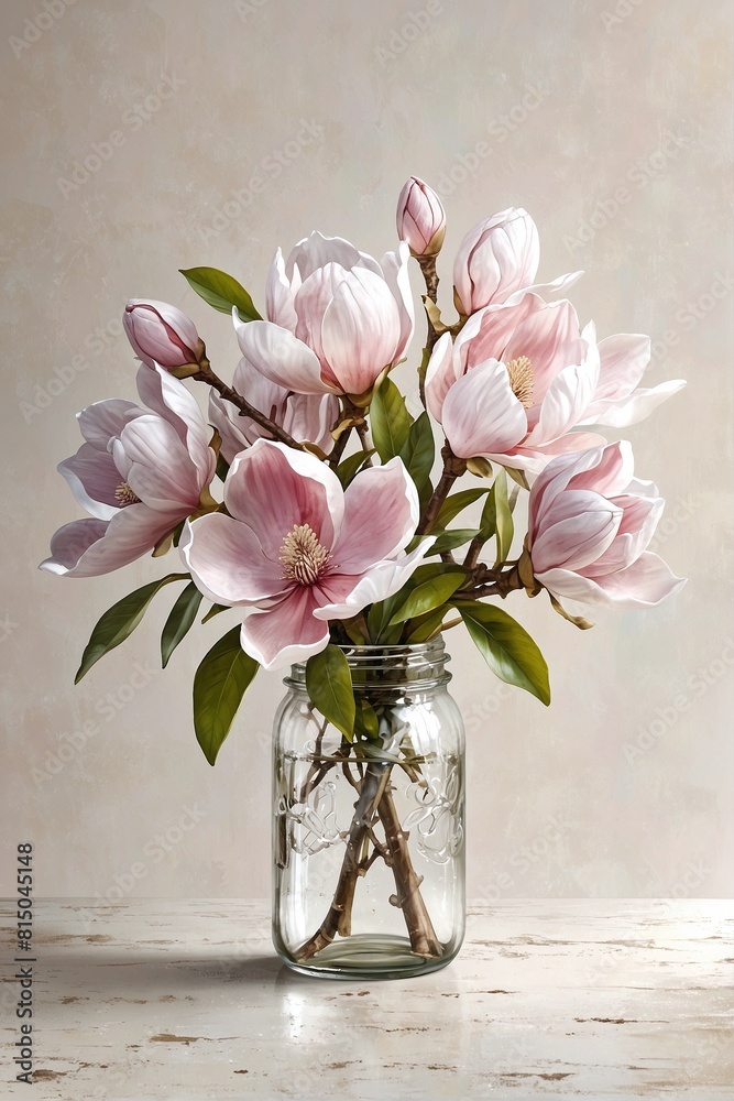 Obraz premium a bouquet of freshly picked magnolia flowers in a glass vase or jar, positioned on a white tabletop