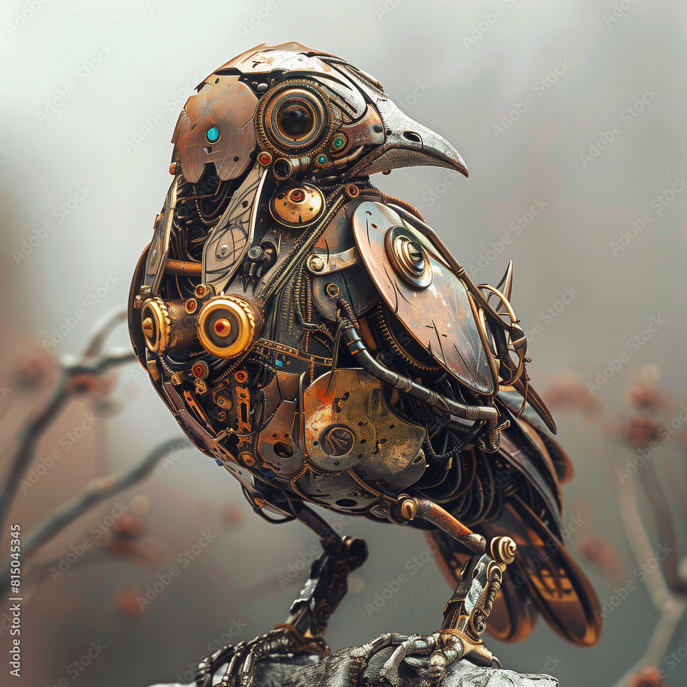 Steampunk styled mechanical bird on a branch. Steampunk styled mechanical bird on a branch.
