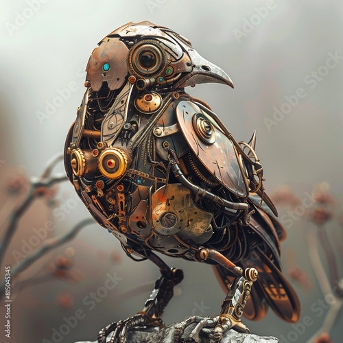 Steampunk styled mechanical bird on a branch.
