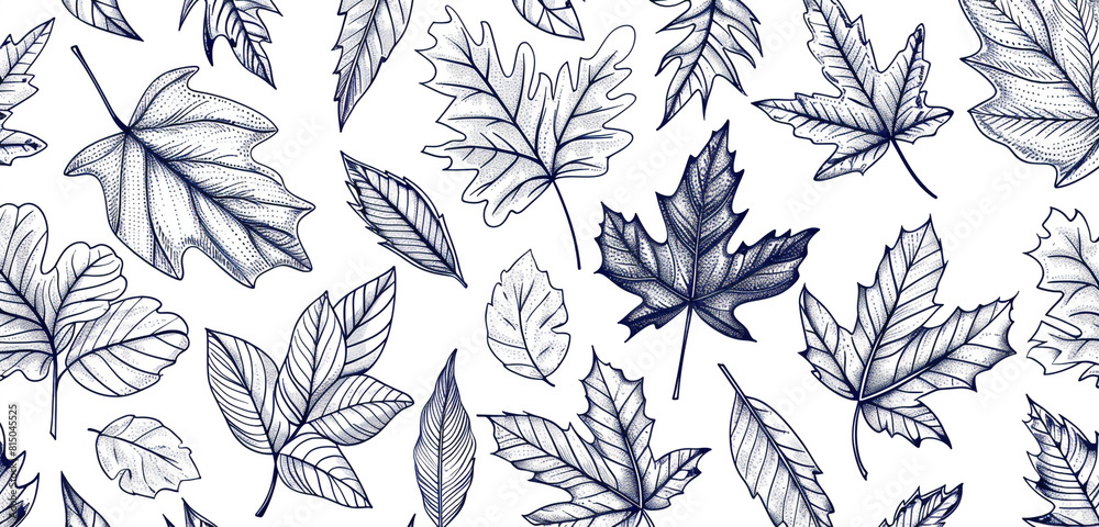 Monochrome doodle featuring different types of leaves in a seamless pattern.