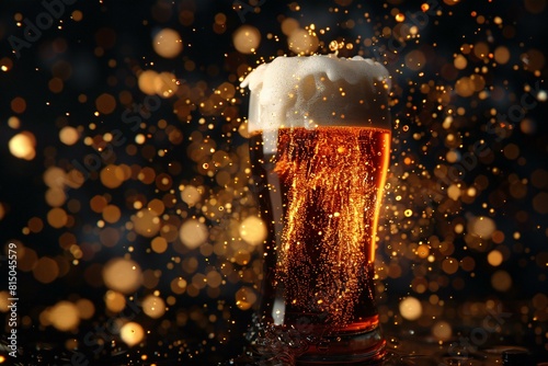 Glass of beer with splashes and bokeh on dark background photo