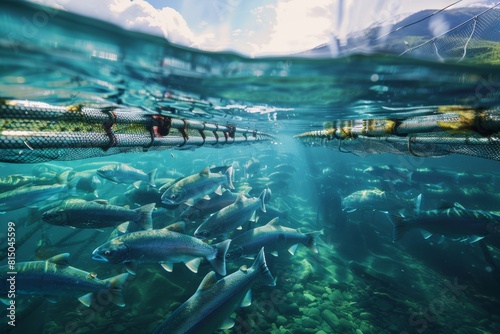 Sustainable Aquaculture: Modern Salmon Farming Underwater in Natural Water Body photo