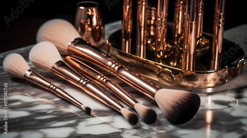**A set of makeup brushes with soft bristles and a rose gold finish