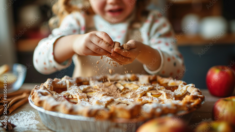 Child sprinkling cinnamon over an apple pie, focus on tiny hands and spices, family baking Child sprinkling cinnamon over an apple pie, focus on tiny hands and spices, family baking