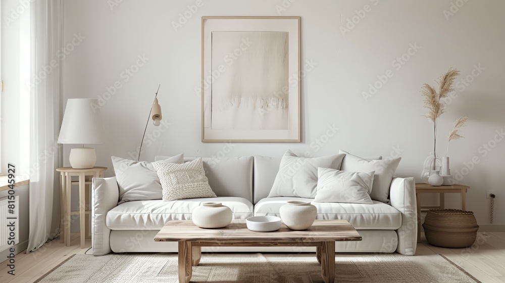 A Scandinavian living room with a light gray sofa, white walls, and a natural wood coffee table adorned with simple ceramics A Scandinavian living room with a light gray sofa, white walls, and a natural wood coffee table adorned with simple ceramics
