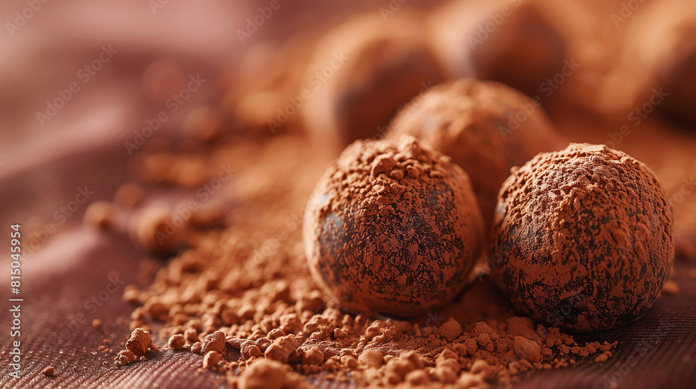 Chocolate truffles dusted with cocoa, arranged artistically on a velvet surface Chocolate truffles dusted with cocoa, arranged artistically on a velvet surface