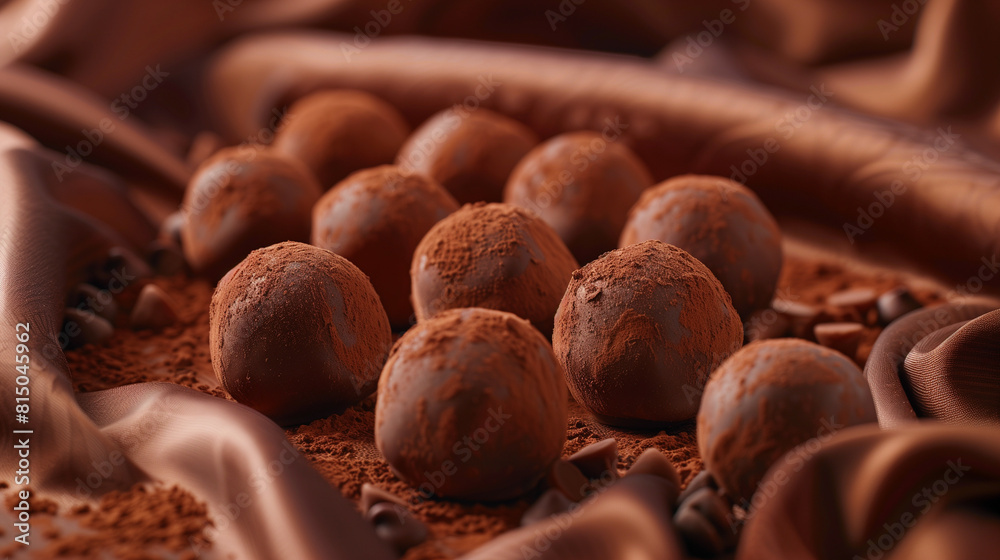 Fototapeta premium Chocolate truffles dusted with cocoa, arranged artistically on a velvet surface 