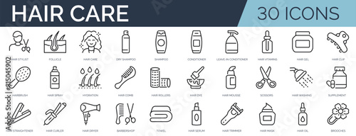 Set of 30 outline icons related to hair care. Linear icon collection. Editable stroke. Vector illustration