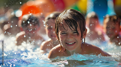 Children splashing joyfully in a colorful waterpark  slide in the background 