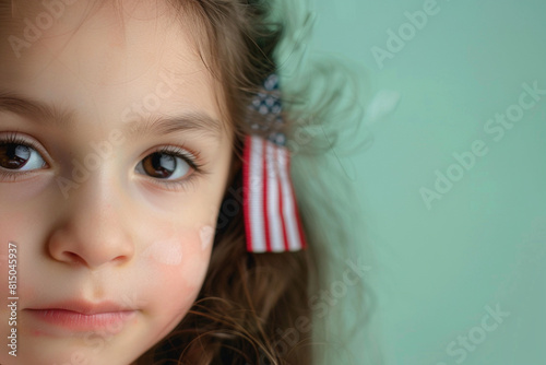 Child with USA flag on pastel green, intimate capture. photo