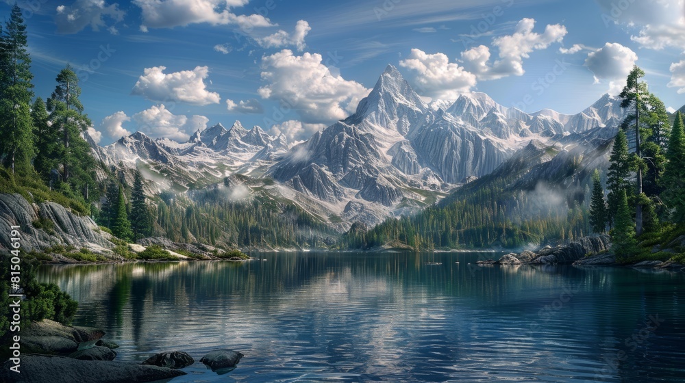 landscape with lake and mountains hyper realistic 