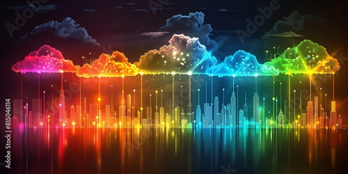A background of vibrant rainbow colors with fluffy white clouds in the sky photo