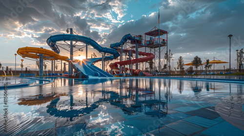 Empty waterpark early morning, serene pools and untouched slides, calm before the storm 