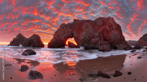 Golden hour glow casting warm light on rocky coastal cave entrance at stunning sunset