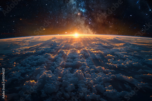 Sunrise above the clouds under a starry sky photo