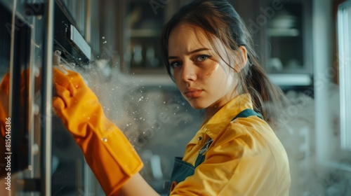 Maid in workwear and gloves cleans home dusts kitchen ventilation. Emphasizing modern housework hygiene equipment in use. Clean air brush maid service portrait. maid housekeeping concept