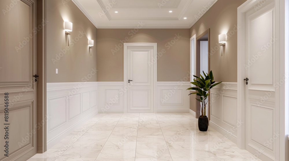 Obraz premium A large, empty hallway with white walls and white doors. The hallway is lit by overhead lights