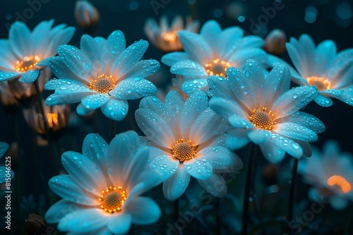 Psychedelic art style , a bunch of white daisy flowers in the dark