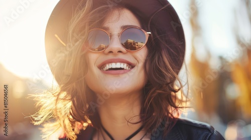 Happy, fashionable woman outdoors, wearing sunglasses, realistic portrait showcasing genuine joy