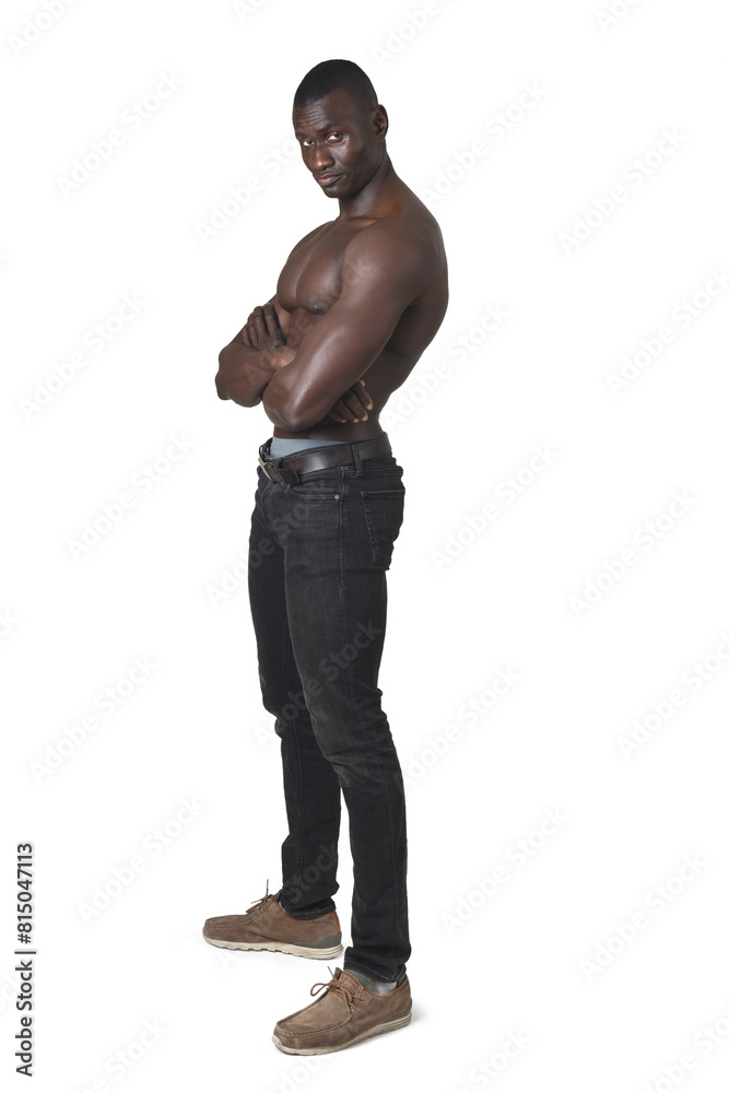 Fototapeta premium side view of a portrait of shirtless man serious and arms crossed on white background