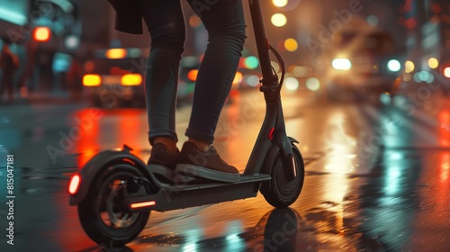 person driving an electric scooter in the city at night with blurred background - sustainable electric mobility concept hyper realistic 