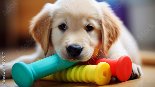 dog puppy playing with toy while lying