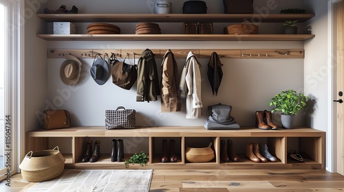 A Scandinavian mudroom with builtin wooden benches, open cubbies for shoes, and simple hooks for outerwear photo