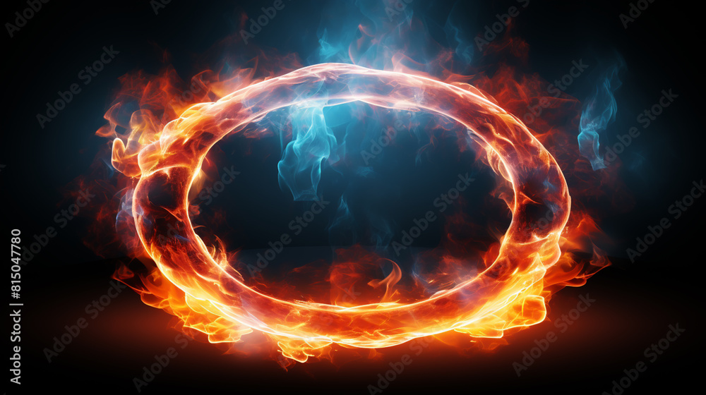Obraz premium Neon laser vibrant circle with sparks, haze, and laser grid on starry space background. Red vivid round shape.