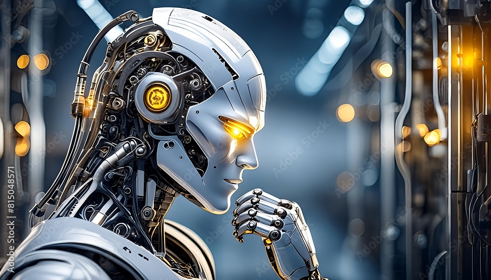 Fototapeta premium Half portrait of a pensive white humanoid robot