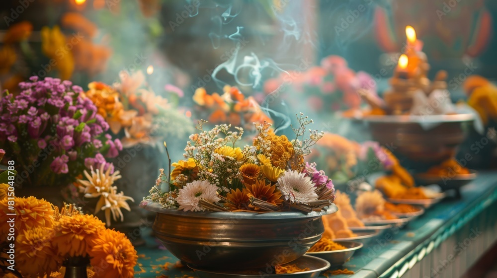 A table is covered with a variety of flowers and bowls A table is covered with a variety of flowers and bowls