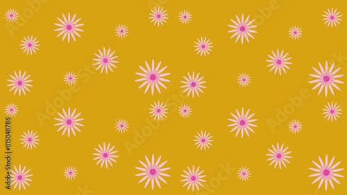 4k animated yellow background with rotating light pink daisies. Retro style. Shades of pink. background for girls. Country style.