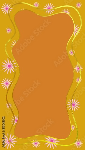 Vertical animated yellow-orange background with rotating pink daisies. Flowers . Shades of gold. Background for girls. Country style. Retro. Mirror and golden lines. Template for social networks, Bann