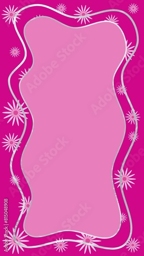 Vertical animated hot pink background with rotating bright daisies. Flowers . Shades of pink. Background for girls. Mirror and silver line. Template for social networks, Banne