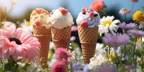  ice cream in summer flowers background. Lolly ice, cones with different topping, fruit icecream. Ai generative.