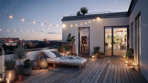 A Scandinavian terrace with minimalist outdoor furniture, wooden planters, and string lights for a cozy evening ambiance photo