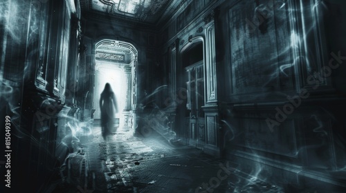 A ghostly figure is walking through a dark hallway with smoke and fog © Sunijsa