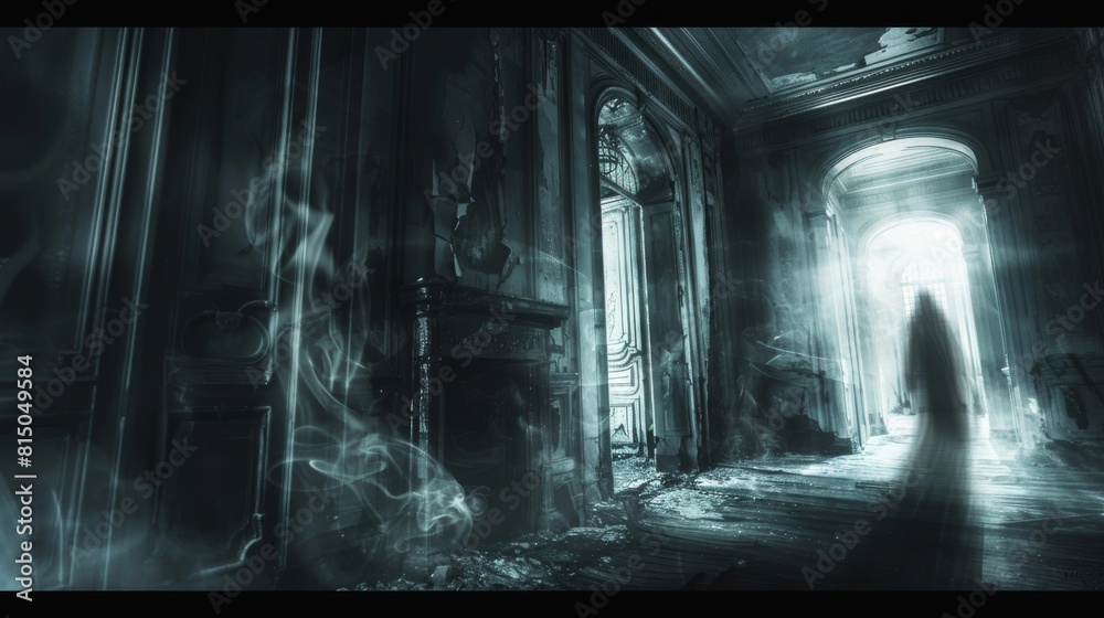 Obraz premium A man is walking through a dark hallway with smoke and fog