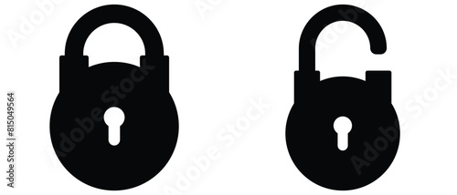 Black isolated icon of locked and unlocked lock on white background. Set of Silhouette of locked and unlocked padlock. Flat design. vector illustration. eps 10