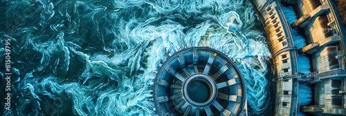 Energy top view An aerial image of a hydroelectric dam, showcasing the massive scale and the flowing water as a source of energy Futuristic tone, Vivid photo