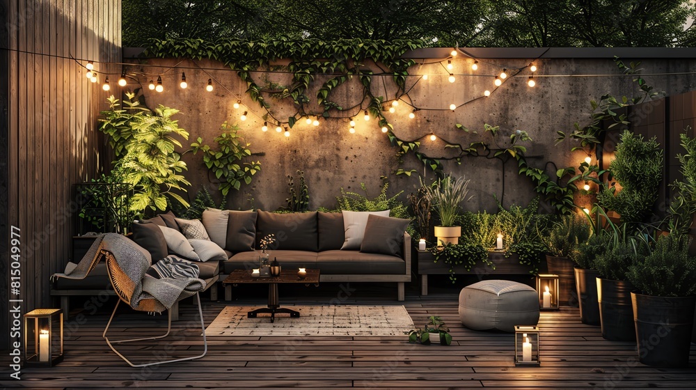 A Scandinavian terrace with minimalist outdoor furniture, wooden planters, and string lights for a cozy evening ambiance