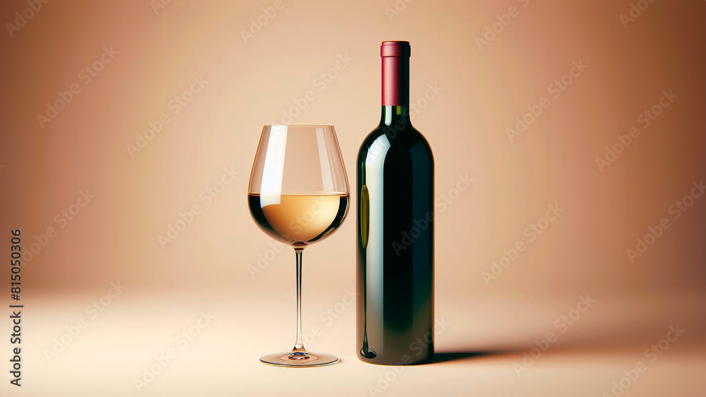 A bottle of wine next to a filled wine glass on a clean background, concept of product presentation A bottle of wine next to a filled wine glass on a clean background, concept of product presentation