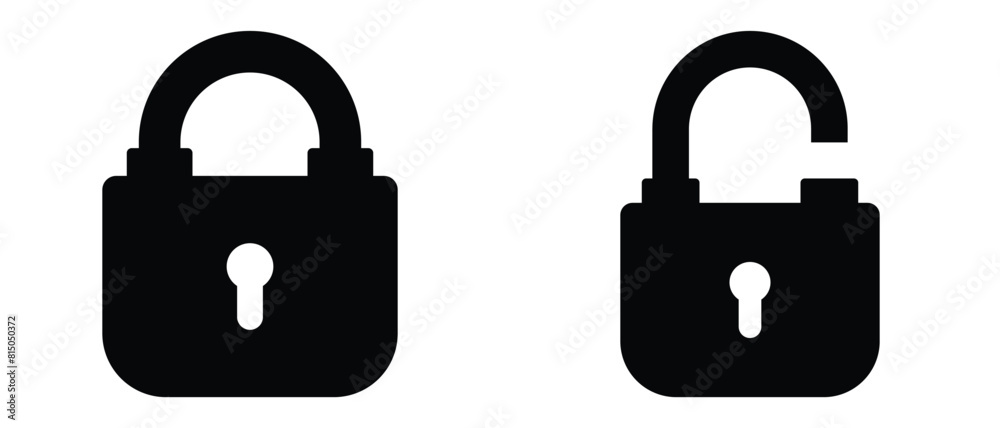 Black isolated icon of locked and unlocked lock on white background ...