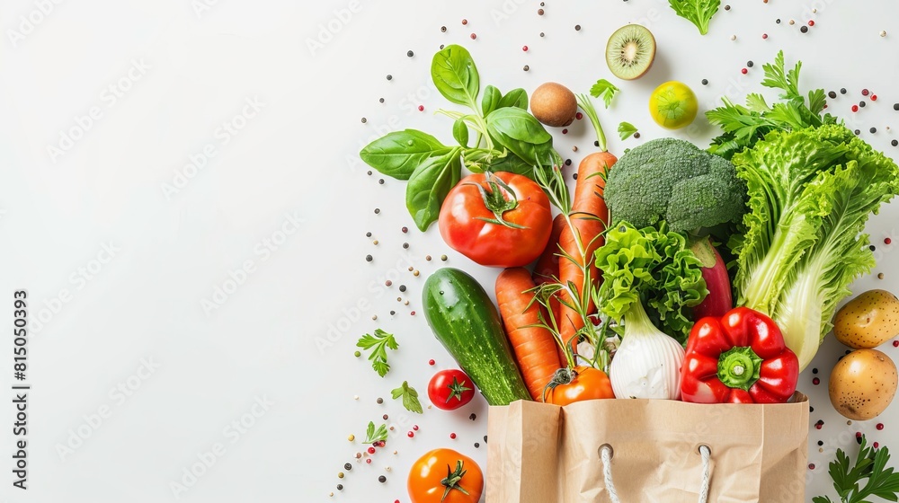 Healthy food delivery background. A paper bag filled with fresh vegetables and fruits on a white surface with copy space, banner. This showcases the concept of shopping for food at a supermarket and Healthy food delivery background. A paper bag filled with fresh vegetables and fruits on a white surface with copy space, banner. This showcases the concept of shopping for food at a supermarket and