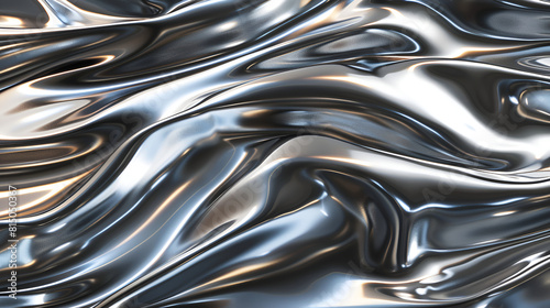 Black and white image of fluid  reflective silver waves   organic shape made from glossy glass material  with a soft white background that enhances the reflective and wavy textures of its surface