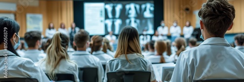 A rear view of people attending a medical seminar with projected X-rays photo