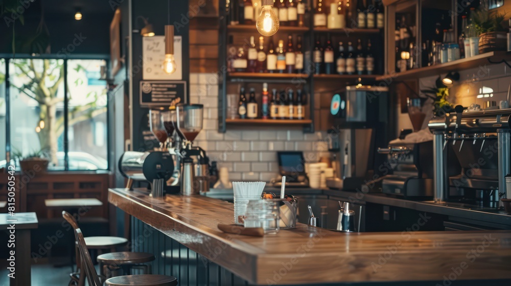 Warm, inviting interior of a cozy cafe with wooden bar counter, stools, and a variety of beverages on display Warm, inviting interior of a cozy cafe with wooden bar counter, stools, and a variety of beverages on display