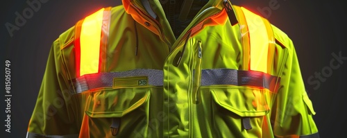 Safety front view A visualization of a highvisibility safety jacket worn by a construction worker