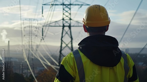 Man Looking at Electrical Pylon Field.