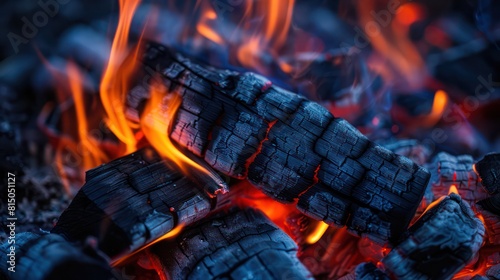 This image captures the intense detail of red-hot embers and vibrant flames during combustion, with a focus on the textures